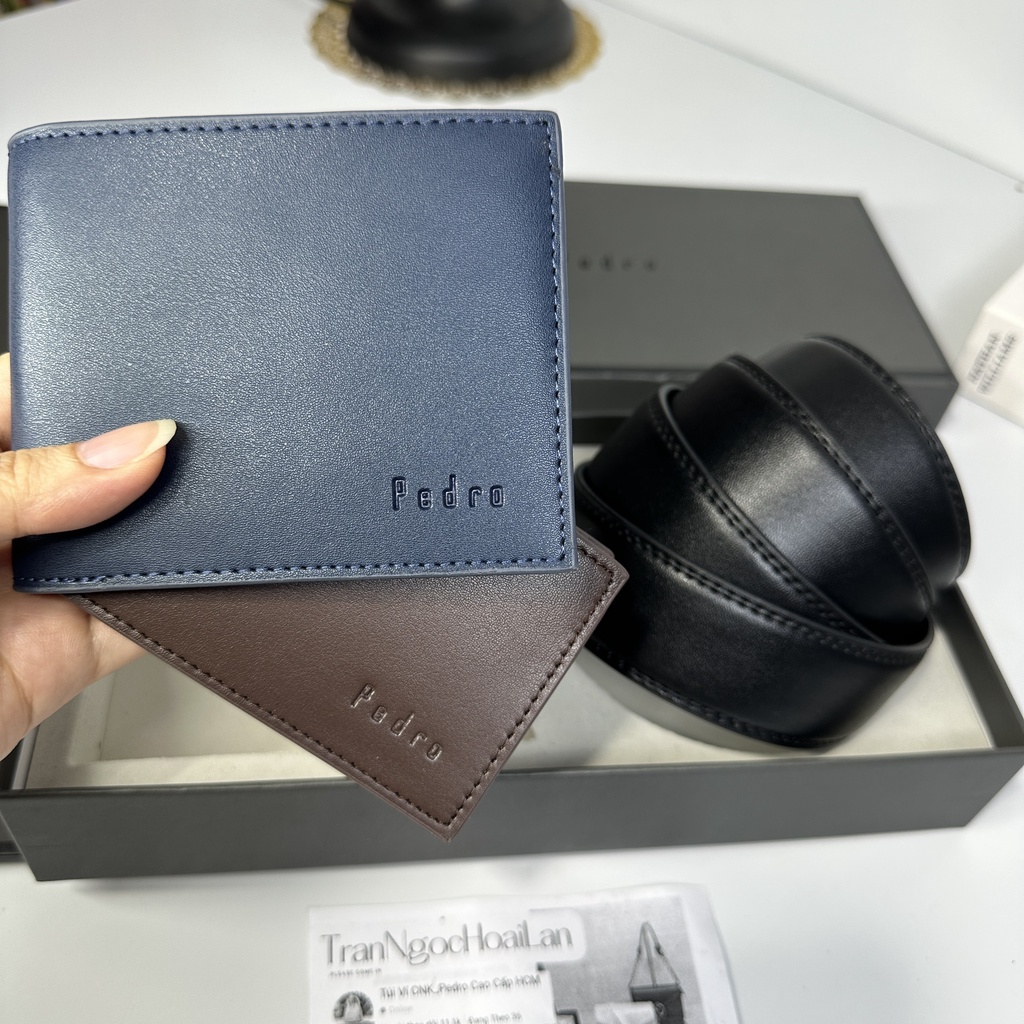 Set ví nịt nam PEDR0 full box, túi giấy tuồn kho mã ví xanh đen