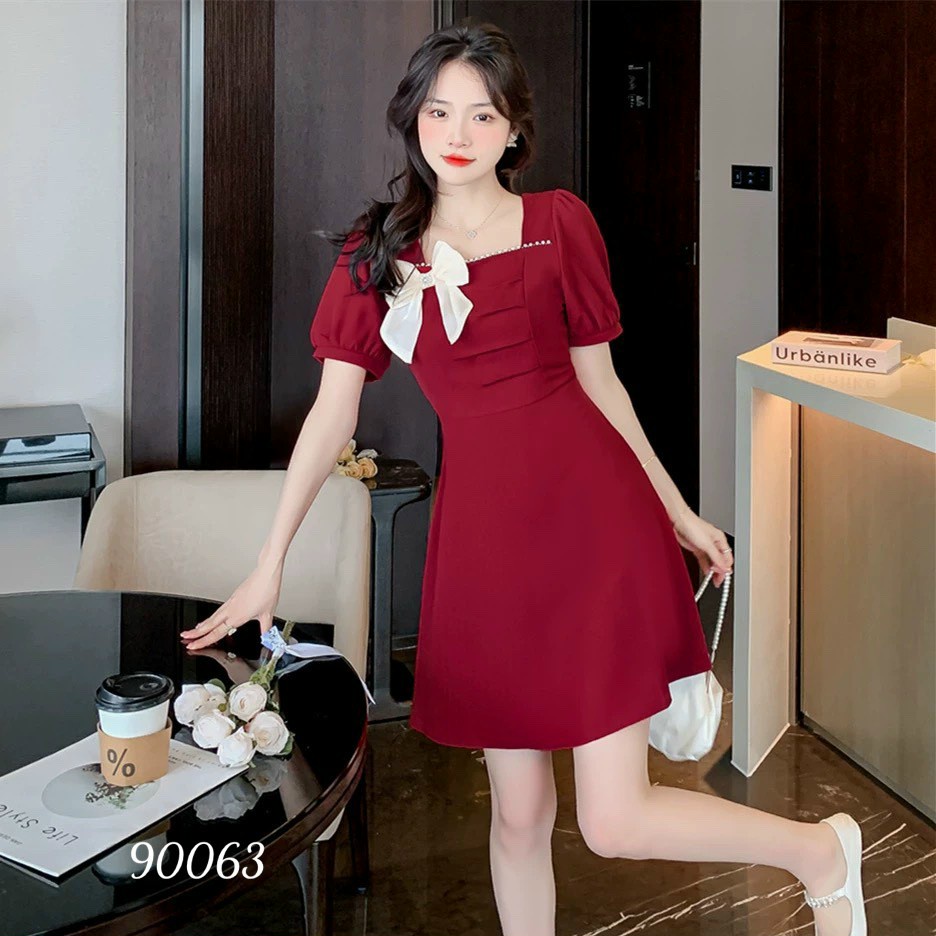 Váy dự tiệc bigsize 57-70kg màu đỏ đô và màu đen dáng chữ A cổ vuông tay phồng nơ ngực, váy công sở bigsize dáng chữ A