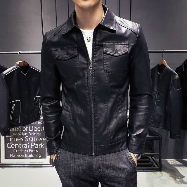 Áo khoác da nam túi hộp cổ vest bên trong lót vải dù thời trang hè