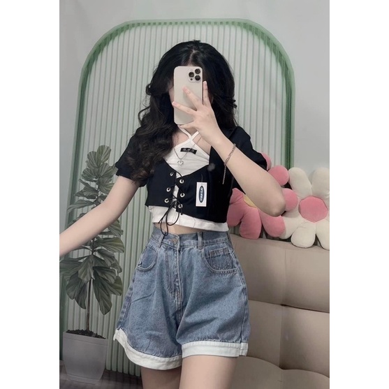 Set áo croptop vai phồng đan dây kèm áo yếm siêu ngầu Ulzzang