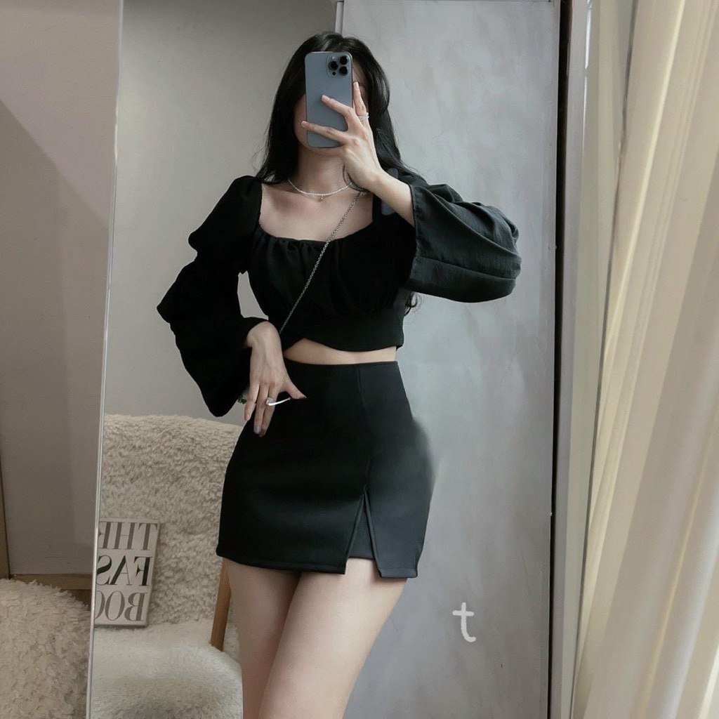 Sét Bộ Áo Croptop Cổ Vuông Tay Phòng Kèm Chân Váy Xẻ Đùi Dáng A Bigsize Quỳnh Anh Từ 50kg Đến 100kg (M/L/XL/XXL)