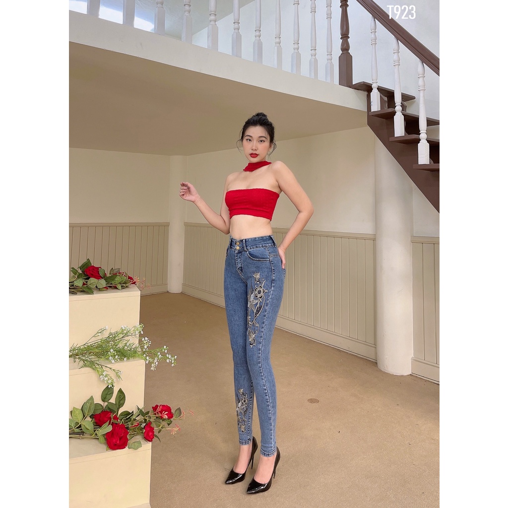 Quần jean Zada T923 thêu hoa xanh đá