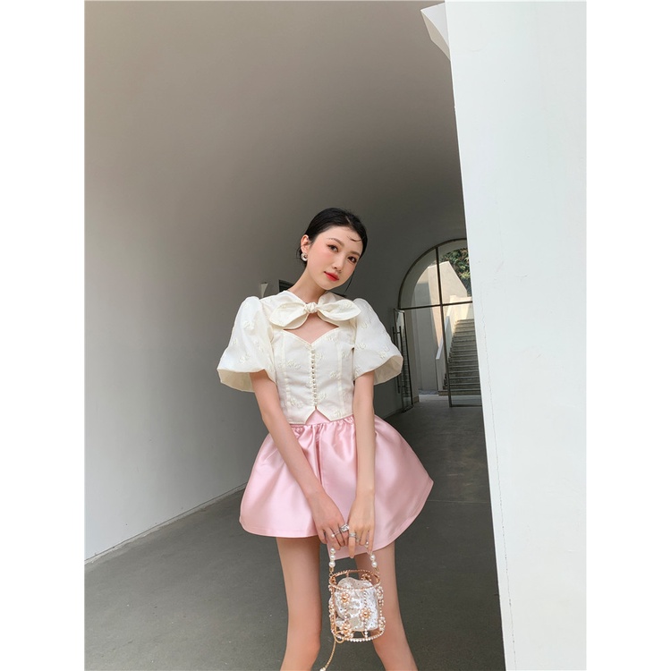 Set váy thiết kế cao cấp La.na áo tiểu thư thêu hoa cá tính chất liệu lụa - SB353