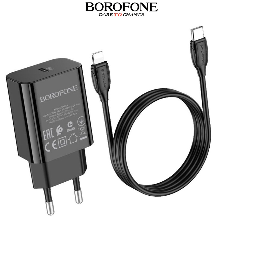 Bộ sạc nhanh PD20W Borofone BA65A cổng USB-C, QC3.0 kèm cáp Type-C ra IP
