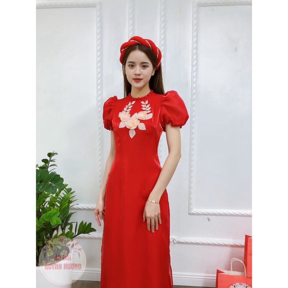 (MUANGAY) Áo dài voan tơ đỏ tay bồng búp đính hoa 3D trước ngực LT11