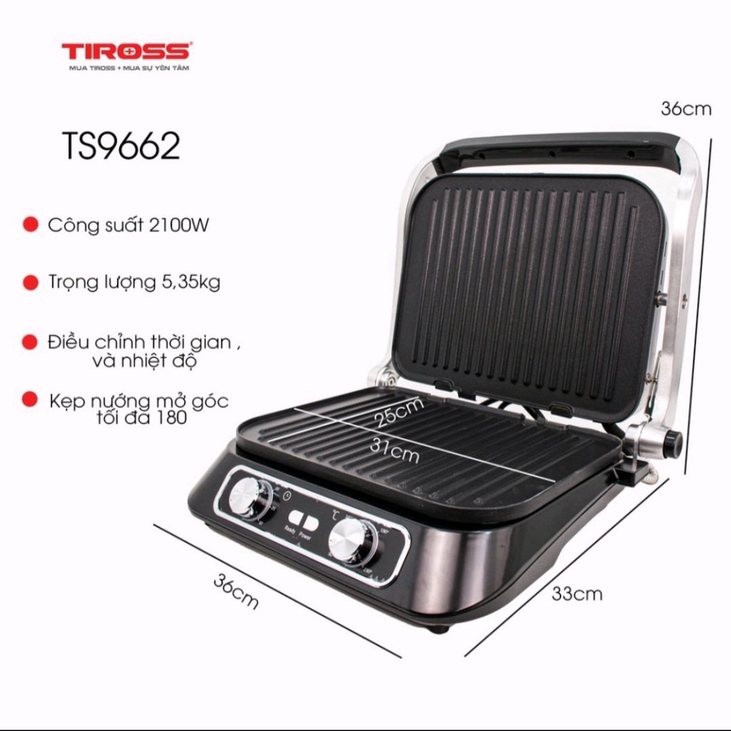 [Tiross] Ép bánh mì (kẹp bánh mì) 2100W Tiross TS9662, Ép siêu nóng, siêu nhanh, Hàng chính hãng