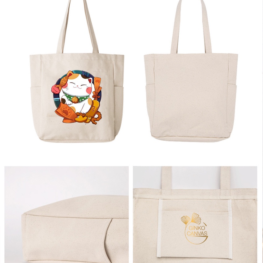 Túi Tote Vải Canvas GINKO Unisex Dáng Hộp( Có túi con bên trong) Phong Cách Hàn Quốc In Hình Mèo Thần Tài 2023 - HGK20