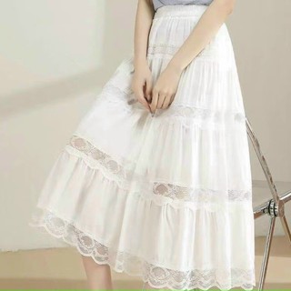 Chân váy lụa phối ren dáng dài QC
