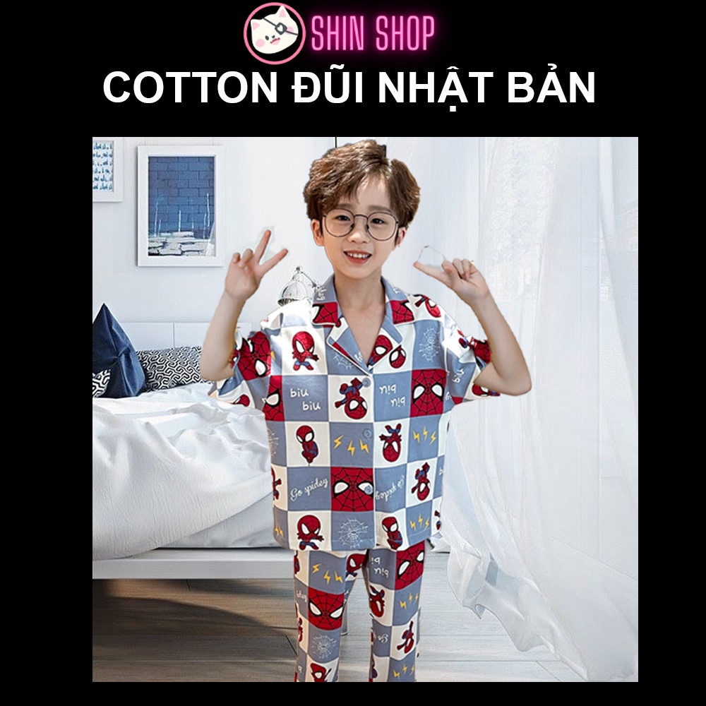 (9-47kg) ✅ Pizama Cotton Đũi Nhật Bản Áo cộc quần dài Siêu nhân Nhện CN02 trẻ em đồ ngủ| bộ đi chơi bé trai gái