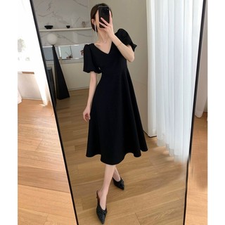 Đầm váy freesize đen cổ V tay phồng