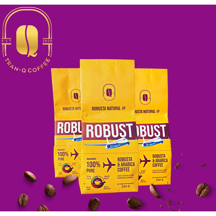 Cà phê rang hạt/ rang xay Robust TRAN-Q COFFEE, rang xay nguyên chất, cà phê sạch