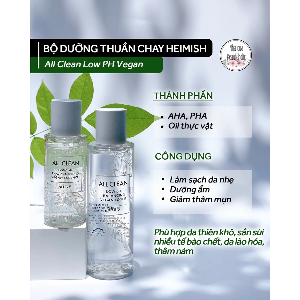 Bộ dưỡng Heimish All Clean Low PH AHA/PHA Hydra Vegan