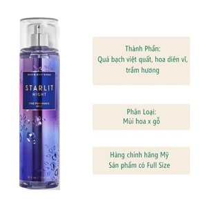 ✨ Xịt thơm Body Mist 𝐁𝐚𝐭𝐡 𝐀𝐧𝐝 𝐁𝐨𝐝𝐲 𝐖𝐨𝐫𝐤𝐬 𝐒𝐭𝐚𝐫𝐥𝐢𝐭 𝐍𝐢𝐠𝐡𝐭