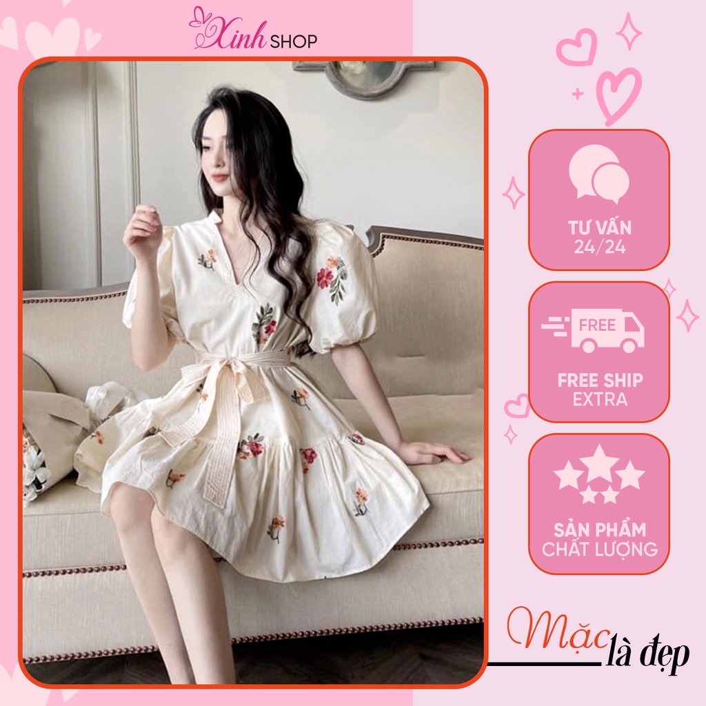 Váy hoa thêu nổi dáng babydoll tay bồng xoè siêu xinh, đầm babydoll dạo phố