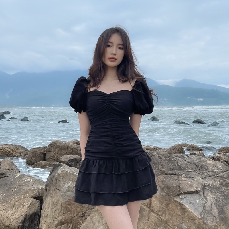 LANIE Váy bèo nhún hai lớp 2 kiểu trễ vai cổ vuông DARLING DRESS (hình ảnh tự sản xuất)