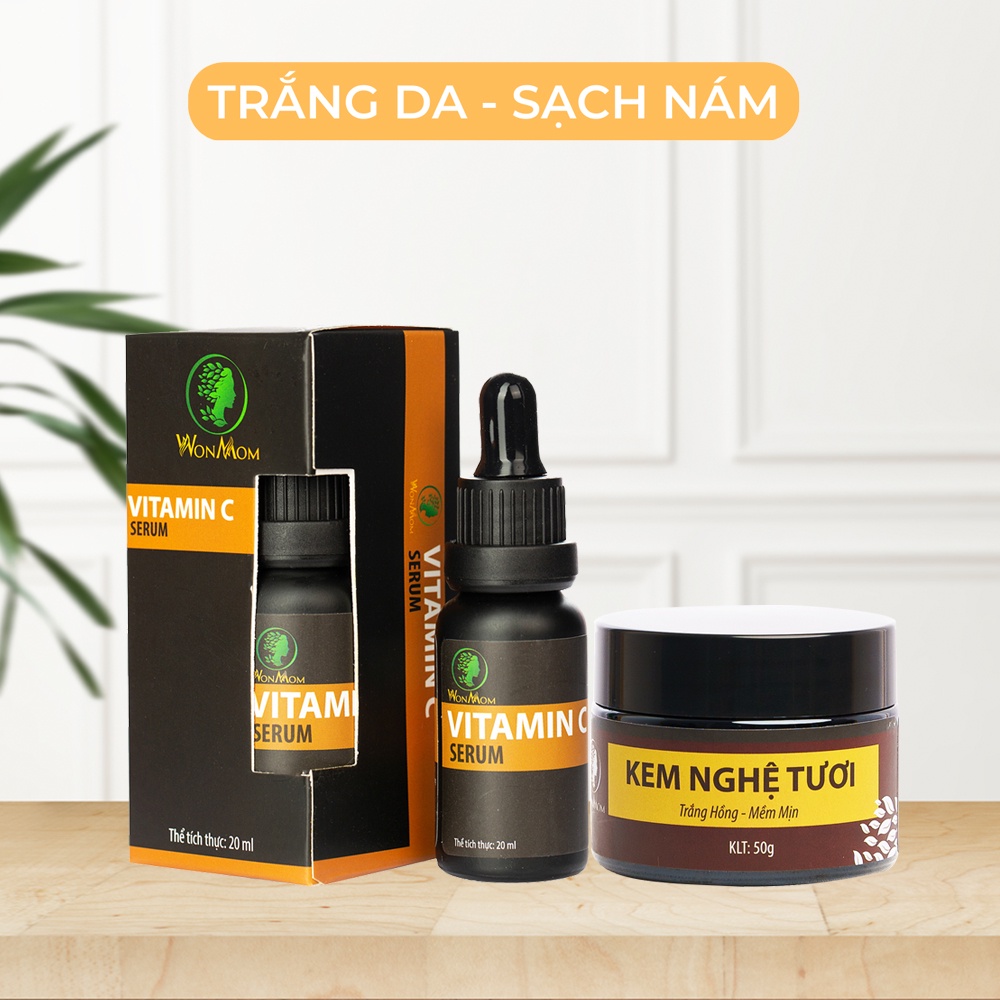 Bộ dưỡng trắng hồng, mịn màng da mặt WONMOM - Serum vitamin C + kem nghệ tươi - An toàn mẹ bầu & sau sinh - Chính hãng