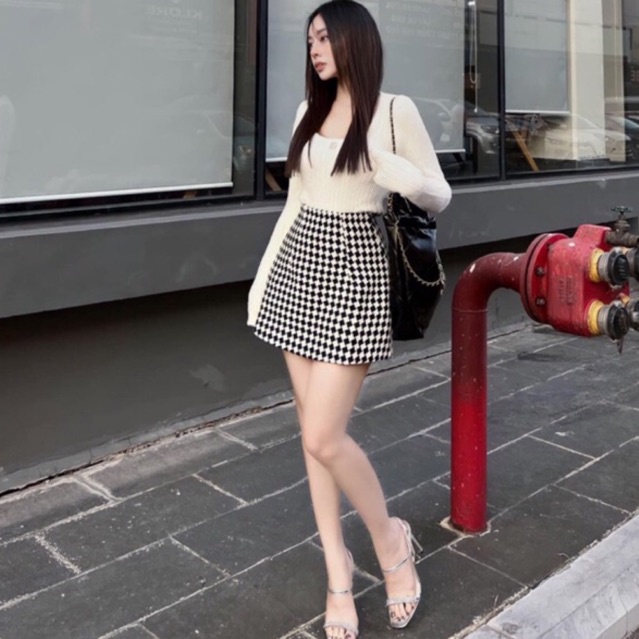 Xả lỗ sét áo nữ kèm chân váy ngắn kẻ caro cao cấp hàng Quảng Châu chuẩn form mẫu mặc (Kèm ảnh thật)