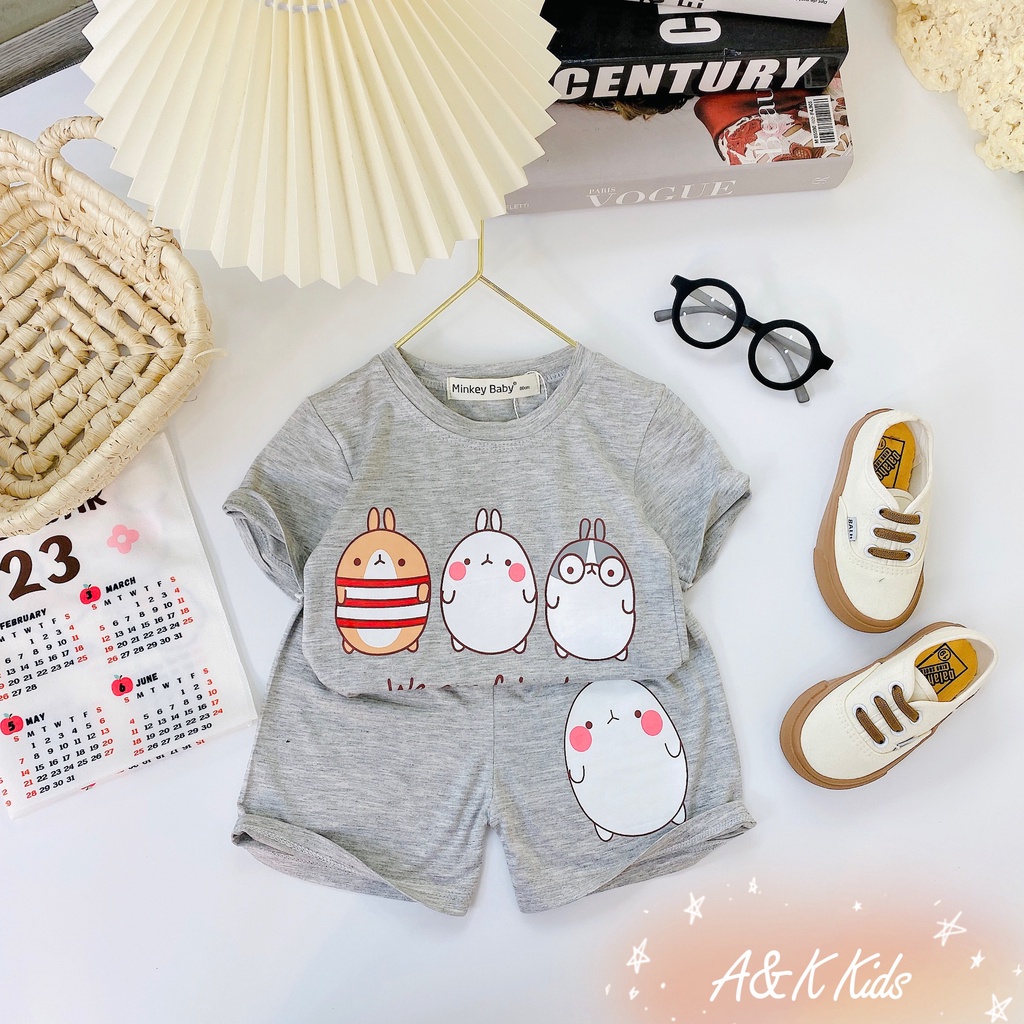 Bộ cộc tay, in hình cute, thun lạnh minky loại 1 chất vài mát cho bé trai bé gái M56