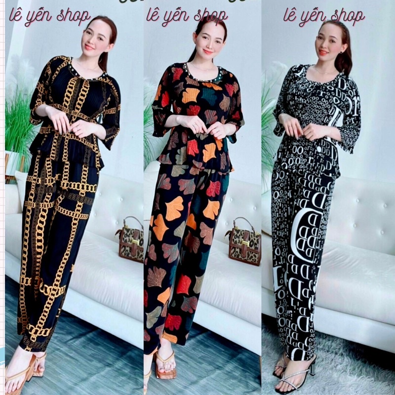 Đồ bộ trung niên cao cấp tay lỡ dập ly, bộ trung niên vải lụa mango mịn mát mặc hè