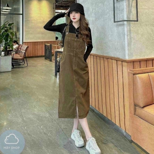 Yếm váy jean nữ dáng dài, váy yếm bò nữ xẻ trước cao cấp phong cách hàn quốc có bigsize