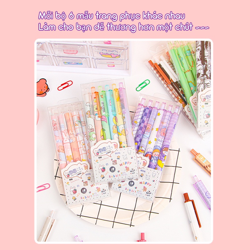 Set 6 Bút Mực Nước Ngòi 0.5Mm In Họa Tiết Hoạt Hình Dễ Thương