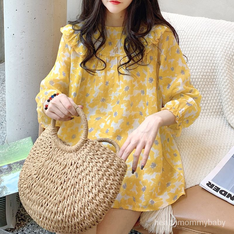 Trang Phục Bà Bầu Áo Cỡ To Sản Phẩm Mới Phiên Bản Hàn Quốc Vòng Cổ Dài Tính Khí Áo Sơ Mi Ren Hoa Cao Cấp Tay Áo