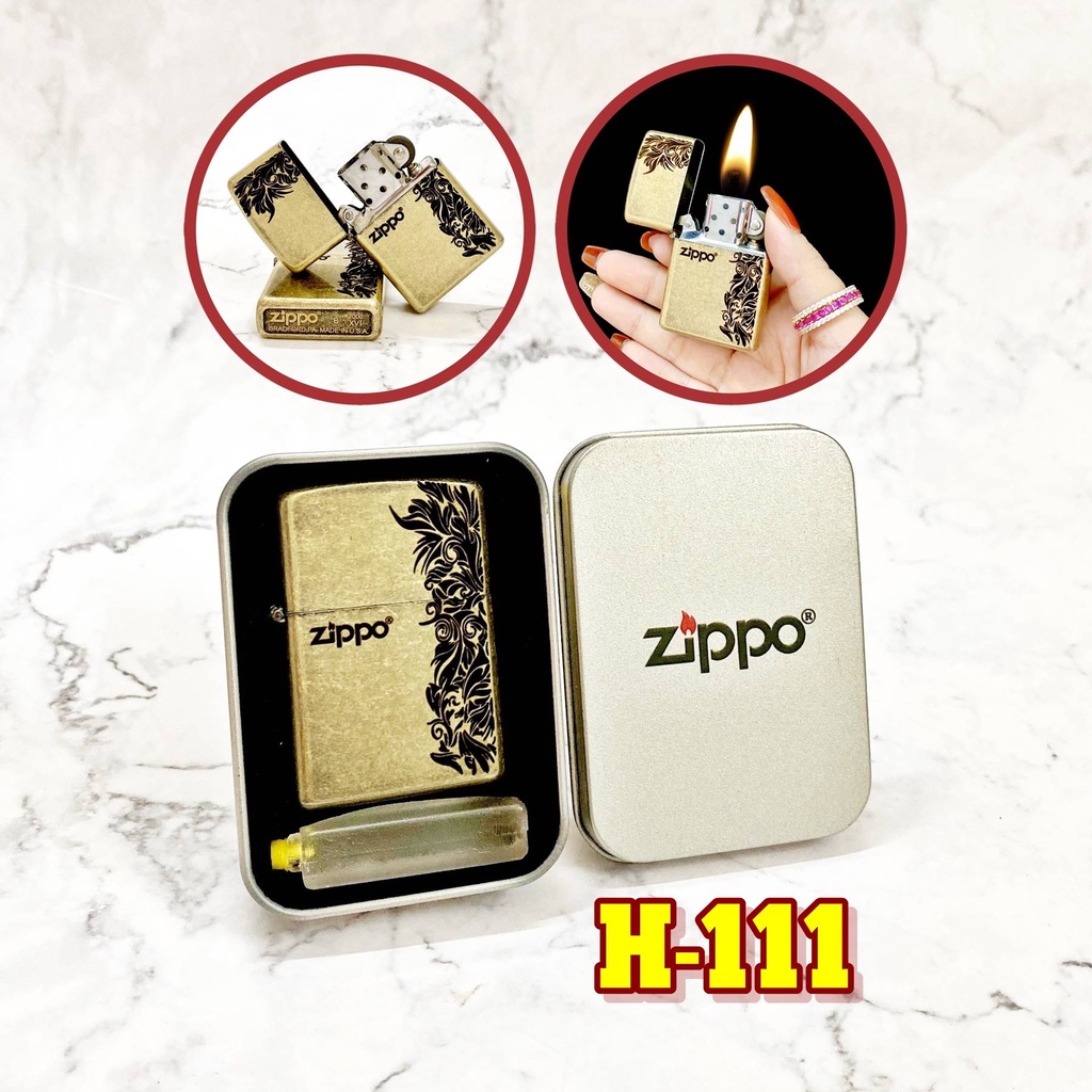 𝐇𝐨̣̂𝐩-𝙌𝙪𝙚̣𝙩-𝘽𝙖̣̂𝙩-𝙇𝙪̛̉𝙖 Zip.po vàng cổ hình hoa văn (có mộc đáy) - (hộp thiếc kèm zăng) H-111