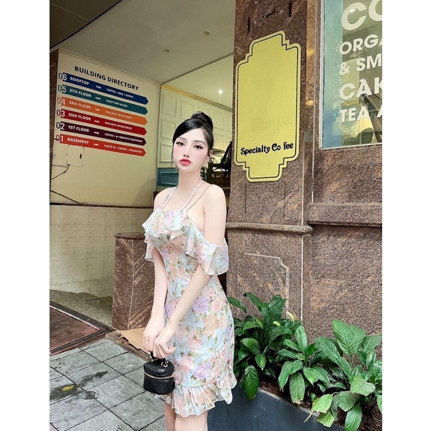 Váy body trễ vai chất tơ hoa