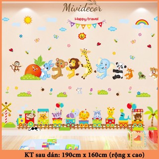 Decal dán tường phòng bé thỏ nhổ carrot và tàu hỏa