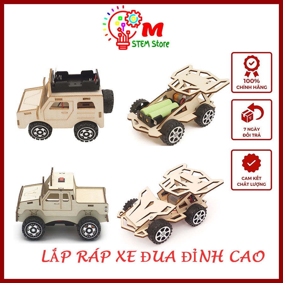 Đồ chơi STEM, đồ chơi khoa học phát triển trí thông minh cho bé Bộ lắp ráp mô hình Xe đua bằng gỗ động cơ điện