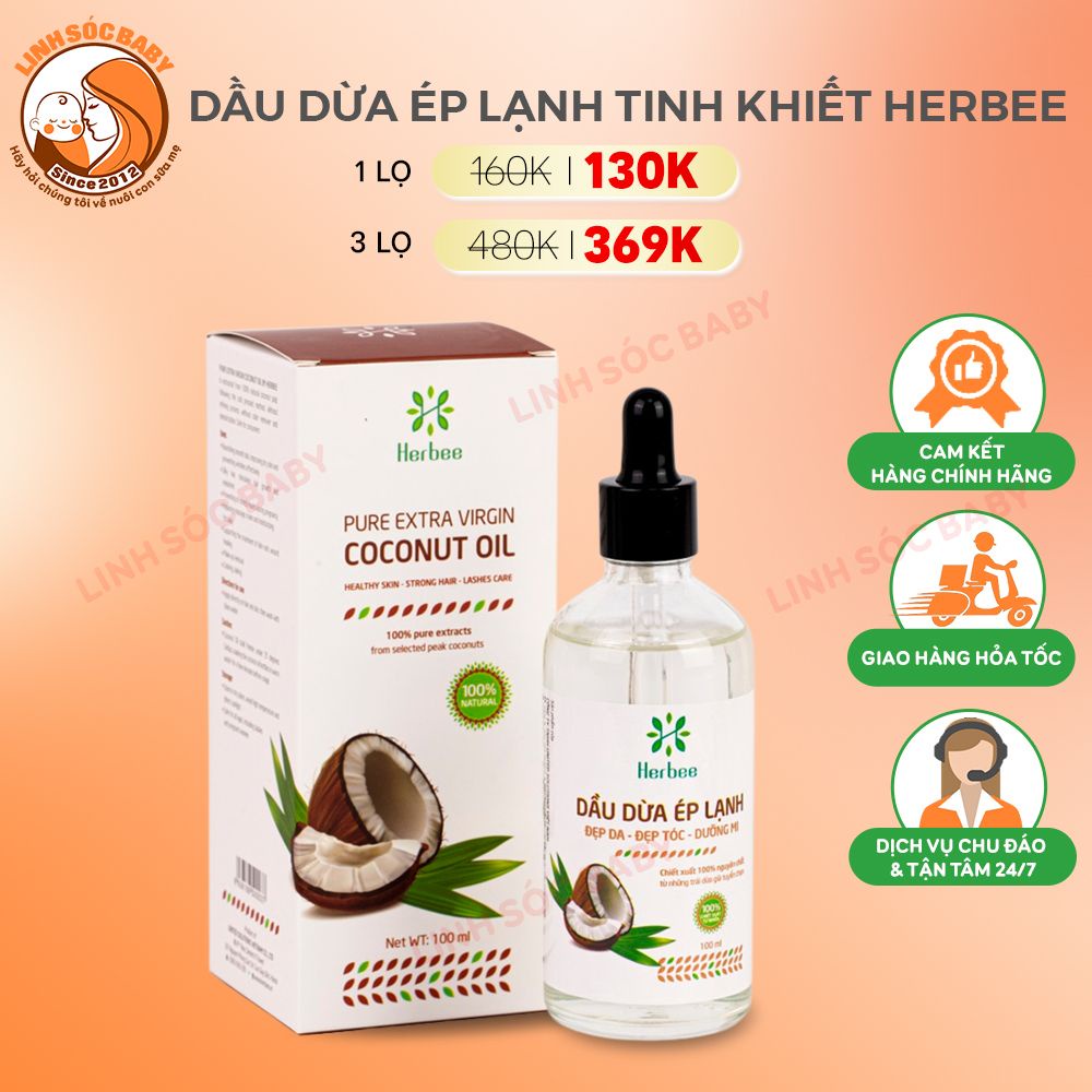 Dầu dừa nguyên chất ép lạnh Herbee, massage cho bé, làm mờ rạn da bà bầu, chăm sóc dưỡng ẩm da và tóc