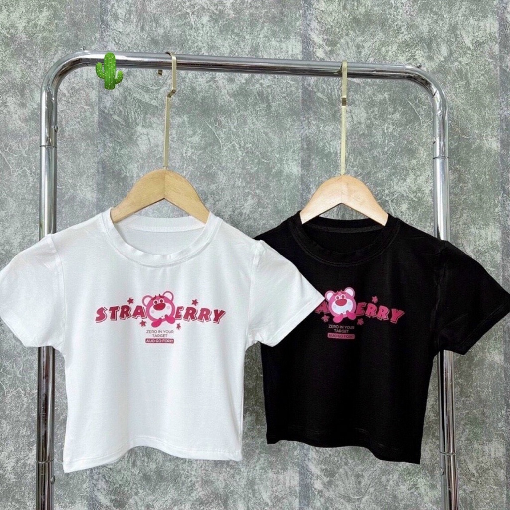 Áo croptop ngắn tay Gấu Dâu in phong cách năng động