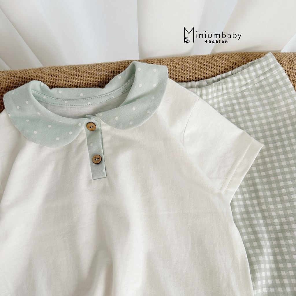 Bộ áo cộc tay cổ sen nữ tính, chất liệu cotton mềm mịn thoáng mát, cho bé gái từ 1-6 tuổi miniumbabyfashion-SB1382