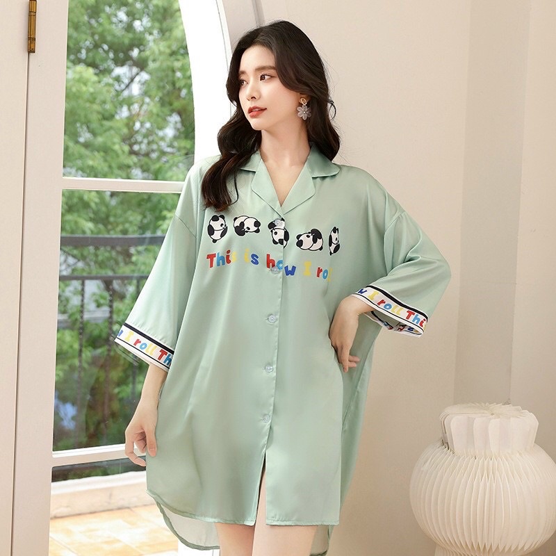 ♥️Hàng QC♥️Váy ngủ lụa sơmi tay lỡ đuôi tôm_Thanhhien997_lụa satin cao cấp 918.