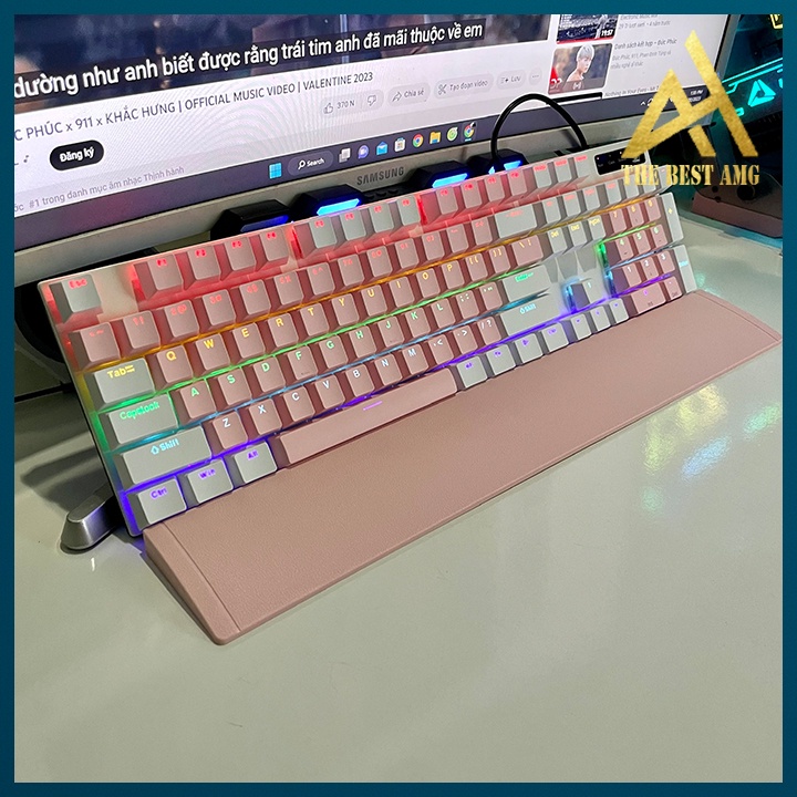 Bàn Phím Cơ Máy Tính Gaming Keycap Xuyên Led RGB Có Dây TC3218 Màu Hồng Trắng - Bàn Phím Chơi Game Vi Tính Pc