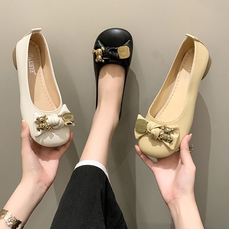 Giầy búp bê khuy nơ 3 màu đen, kem, vàng nhẹ nhàng êm chân thời trang kiểu Hàn Quốc Ulzzangshop520