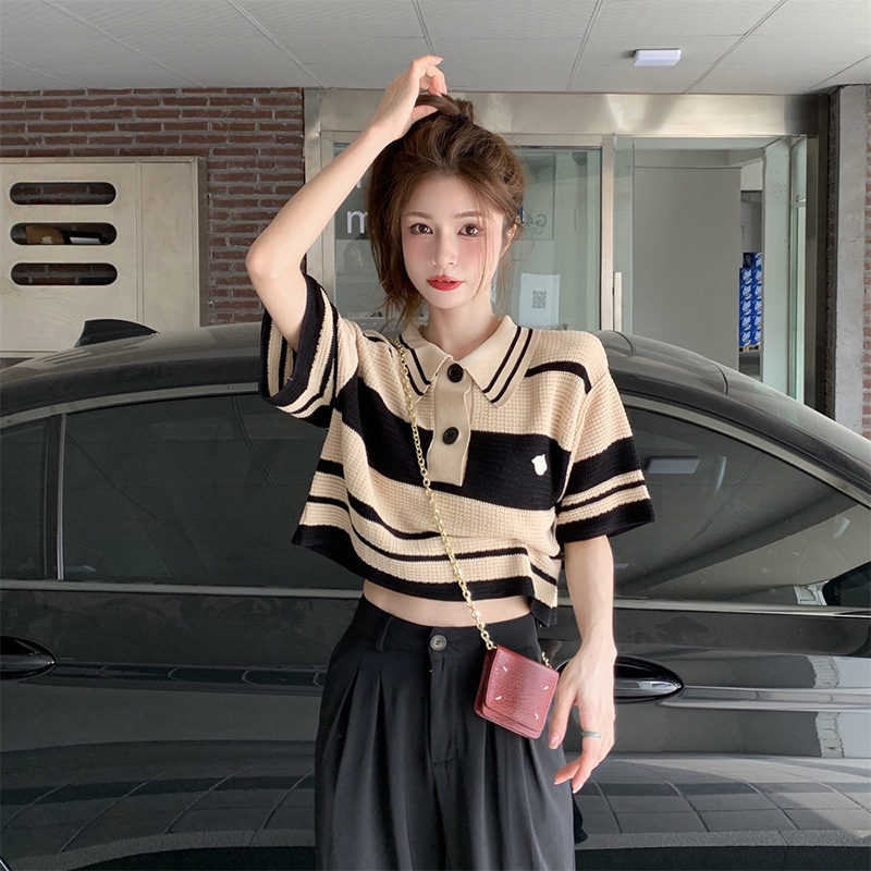 Áo polo Ngắn Tay Form Rộng Họa Tiết Kẻ Sọc Phong Cách Retro