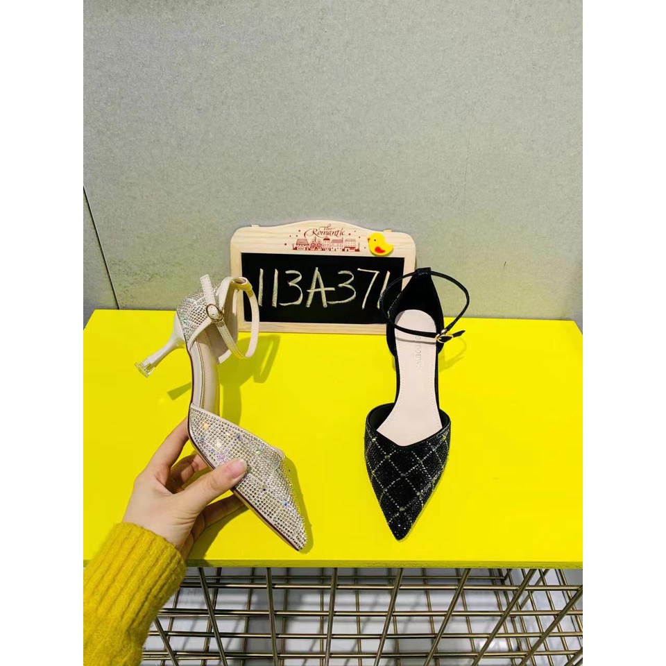 Giày nữ cao gót nhọn 5-7 phân mũi nhọn đính đá quai cài mắt cá hàng Quảng Châu cao cấp full box hãng-Mã BQ0002