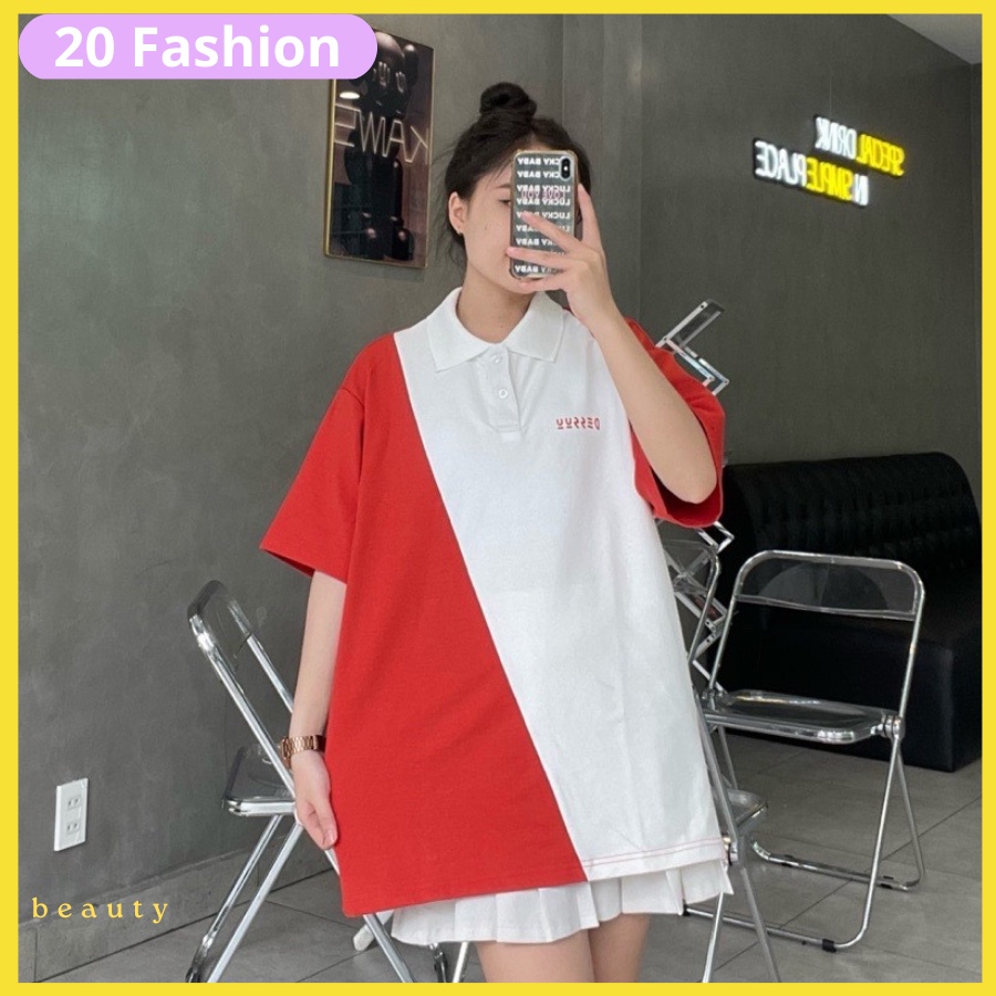 Áo polo chữ hàn phối màu,from dáng rộng.phong cách cách thời gian thể thao
