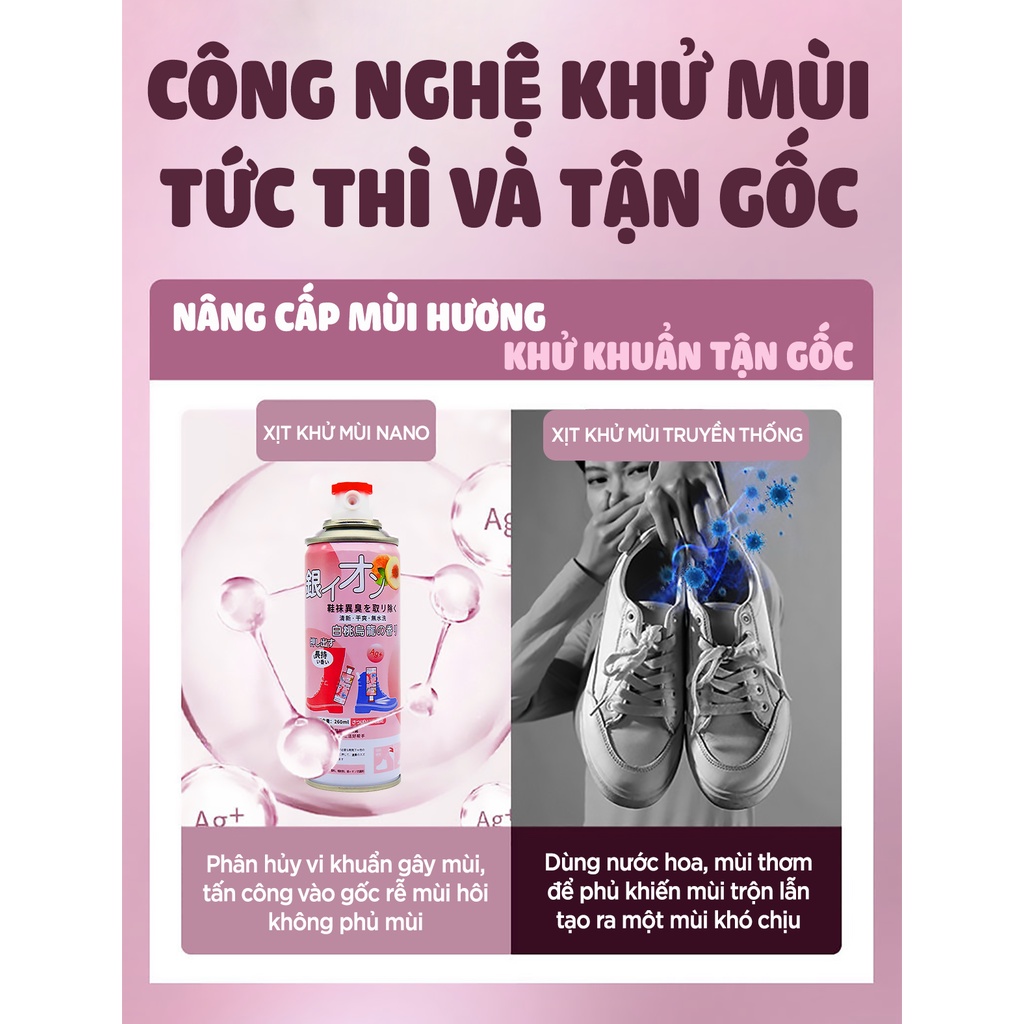 Chai xịt khử mùi giày dép Nano Bạc hương trái đào diệt khuẩn Shoes 2h 1 lọ 260ml, làm thơm tủ giày, quần áo, tất vớ chân