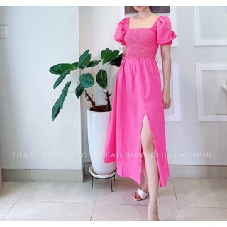 Đầm hồng smocking tay bồng
