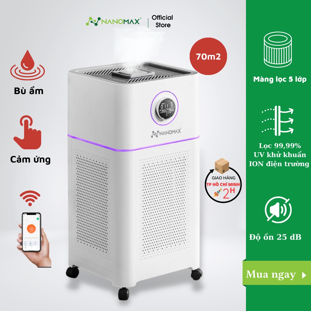 Máy Lọc Không Khí Bù Ẩm Nanomax A-02 Với Bộ Lọc Hepa 5 Lớp, Uv Diệt Khuẩn, Kết Nối Điện Thoại, Remote, Bánh Xe 