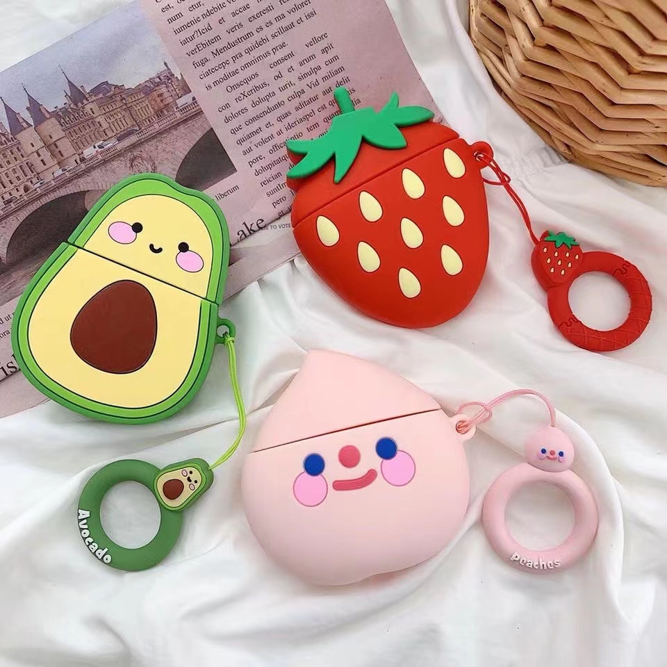 Vỏ Bảo Vệ Hộp Sạc Tai Nghe Bluetooth AirPods 1 2 3 Pro Bằng Silicon Họa Tiết Hoạt Hình Trái Cây Dễ Thương Chống Sốc Kèm Móc Treo Tiện
