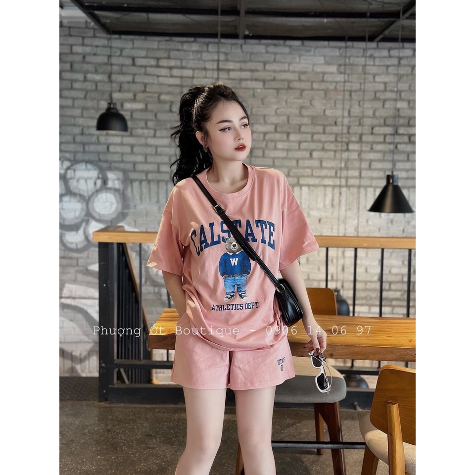 Set Thể Thao Cộc Tay 3158 Thêu Gấu Hình Chất Cotton Khô Bộ Đùi Nam Nữ Dáng Rộng Unisex Uxlang