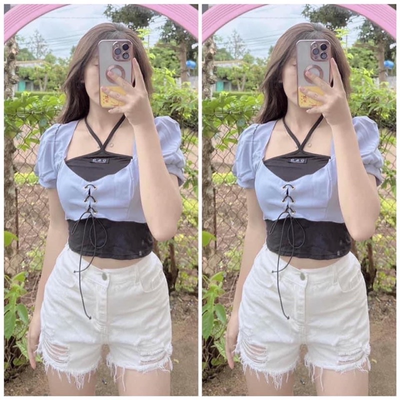 Set áo croptop vai phồng đan dây kèm áo yếm siêu ngầu Ulzzang