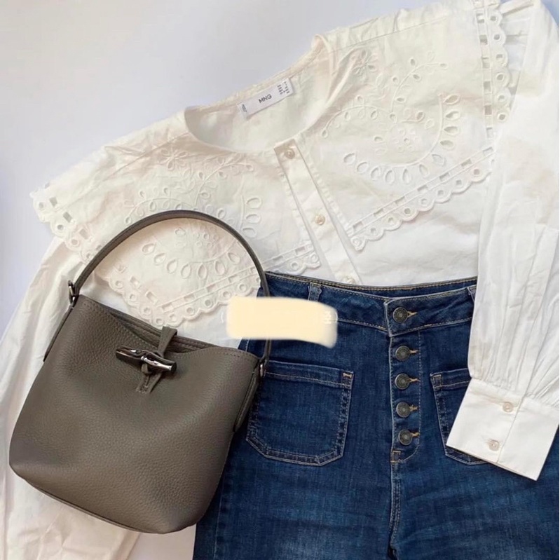 TNS-Túi bucket da thật  Lonchamp bucket bag--Tone nâu xám classic sang trọng