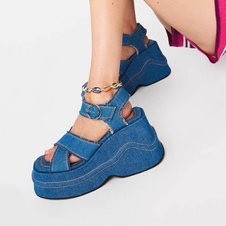 Giày Sandal đế cao 10cm chất liệu Jeans cá tính cao cấp