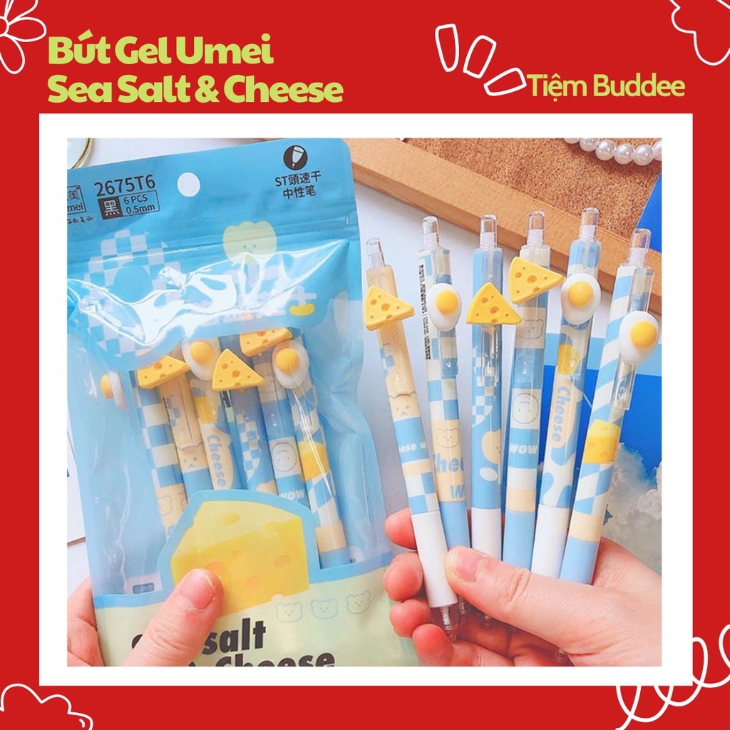 Bút Gel Bấm UMEI Mực Đen Ngòi Kim Cao Cấp Hoạ Tiết Cheese &amp; Trứng Rán Có Thanh Cài