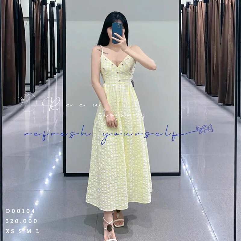 Đầm caro vàng đính hoa hạt hai dây hàng xuất khẩu