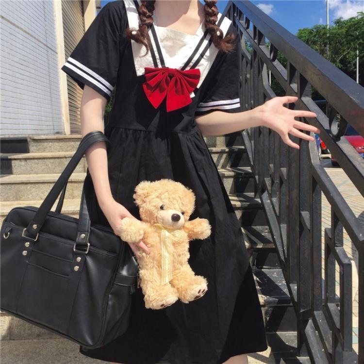 Happy-store ❤️ Chân váy chữ A dài vừa phải, cổ áo màu xanh hải quân, dài tay, ngọt ngào, phù hợp với tất cả các trường đ